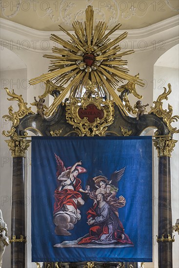 Historic Lenten cloth, made in 1726, in front of the main altar, St Nicholas parish church,