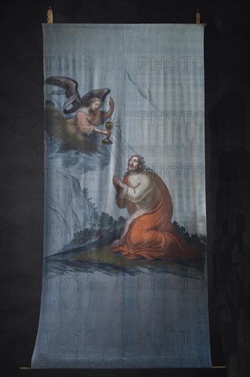 Historic Lenten cloth on a black background, created around 1890, St Laurentius Church, Schoenau an