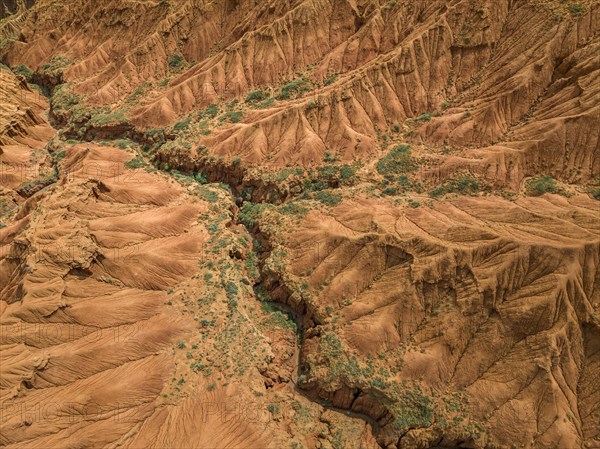 Top down view, gorge with eroded red sandstone rocks, Konorchek Canyon, Boom Gorge, aerial view,