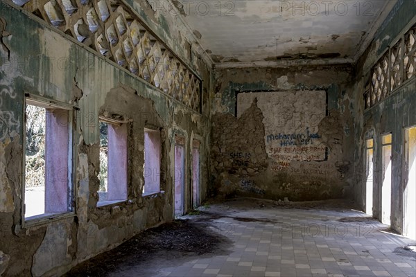 Hall of a derelict arcade building, Eleousa, Lost Place, Rhodes, Greece, Europe