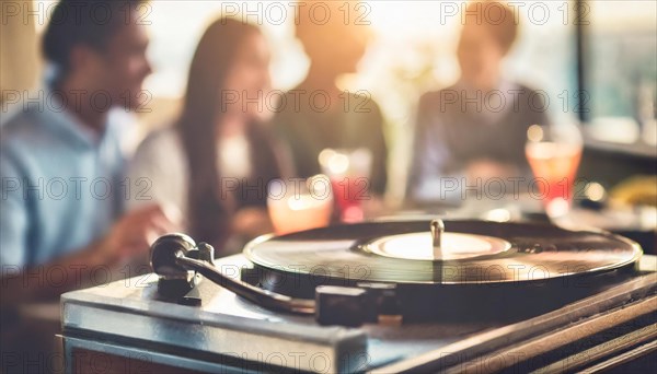 An intimate social event with a group of people around a turntable playing a vinyl record, AI