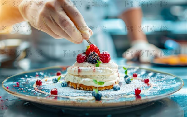 Chef is decorating a dessert with berries and other delicious additions of sweets and whipped