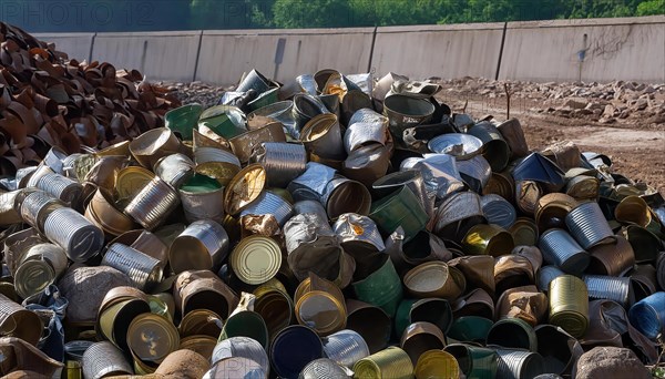 Symbol photo, waste, a large quantity of empty open tinplate cans on a heap, AI generated, AI