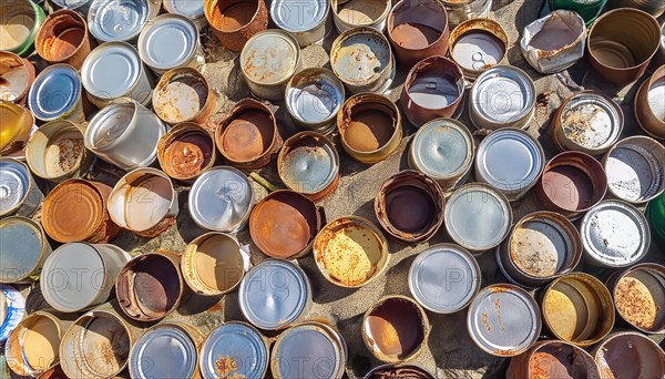 Symbol photo, many empty tin cans, partly crushed, rusty, dirty, lying on the beach, waste, AI