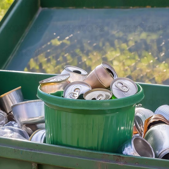 Symbol photo, rubbish, waste, empty beverage cans in a rubbish container, AI generated, AI