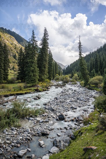 Green mountain valley with river and steep mountain peaks, Chong Kyzyl Suu Valley, Terskey Ala Too,