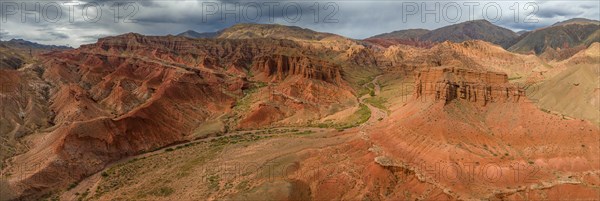 Panorama, gorge with eroded red sandstone rocks, Konorchek Canyon, Boom Gorge, aerial view,