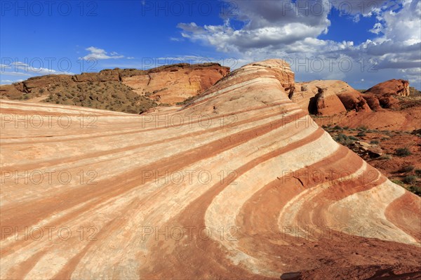 Picture shows an impressive desert landscape with undulating red rocks under a blue sky, Valley of