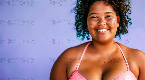 A plus size black afro-american bikini model with curly hair is smiling and wearing a bikini top.