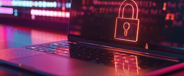 A laptop with a padlock on the screen, concept of cyber security, computer security and protection,