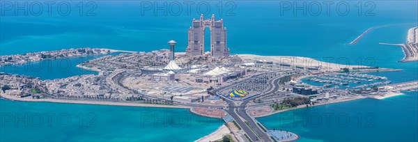 UAE, United Arab Emirates, Abu Dhabi waterfront downtown marina and coastal panorama and skyline,