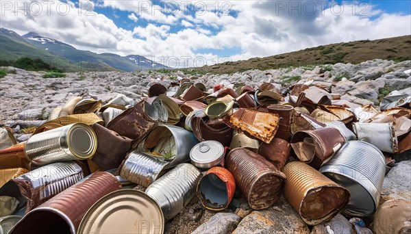 Symbol photo, many empty tin cans, partly crushed, rusty, dirty, lying in the landscape, AI