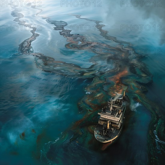 A large ship leaving a trail of oil in the blue ocean, under a dramatic sky, oil spill,
