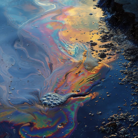 Colourful oil spill on the water surface with iridescent reflections, environmental pollution,