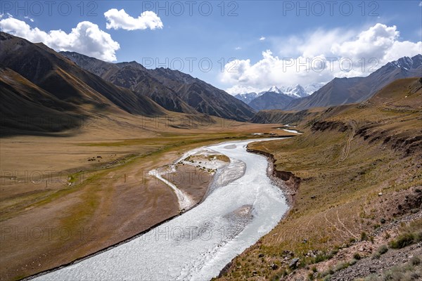 Mountain valley and river in the Tien Shan, Engilchek Valley, Kyrgyzstan, Issyk Kul, Kyrgyzstan,