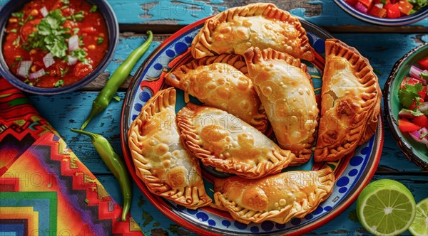Tasty empanadas on a plate with colorful Mexican cloths as a background. National mexican food, AI