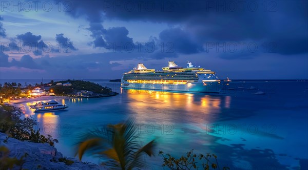 A large cruise ship docked near popular vacation resort. The scene is serene and relaxing, with the
