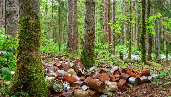 Symbolic photo, a forest of thick tree trunks, many rusty tin cans on the ground, waste,
