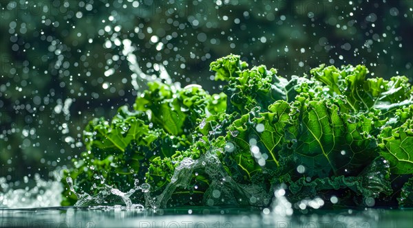 Fresh bunch of green kale floating in water. A concept of vegetarian lifestyle and vegetarian diet,