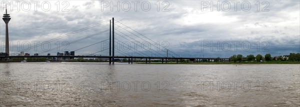 Rheinpromenade, View of Rheinkniebruecke, and Rhine Tower, Duesseldorf, North Rhine-Westphalia,