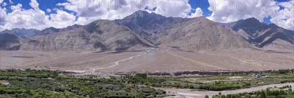 Panorama from Spituk Monastery across the Indus Valley to the Indian Himalayas, Ladakh, Jammu and