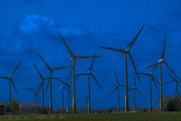 Wind turbines in the Luetetsburg wind farm on the North Sea coast, Hagermarsch, East Frisia, Lower