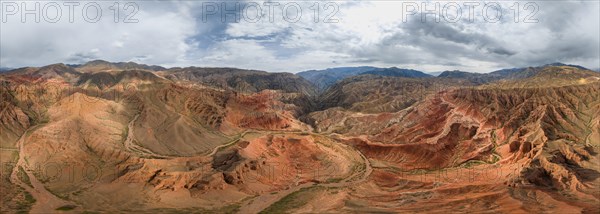 Panorama, gorge with eroded red sandstone rocks, Konorchek Canyon, Boom Gorge, aerial view,