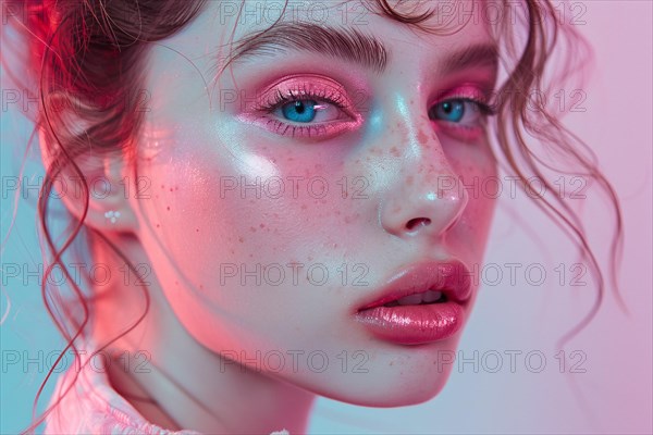 Portrait of beautiful young woman with doll-like features and pink makeup. KI generiert, generiert,