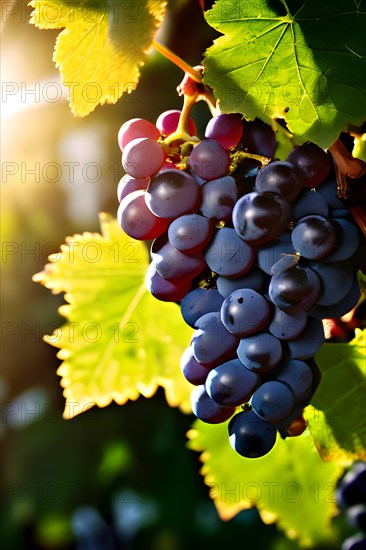 AI generated ripe grapes clinging to a vine sunlight dancing through the leaves accentuating their
