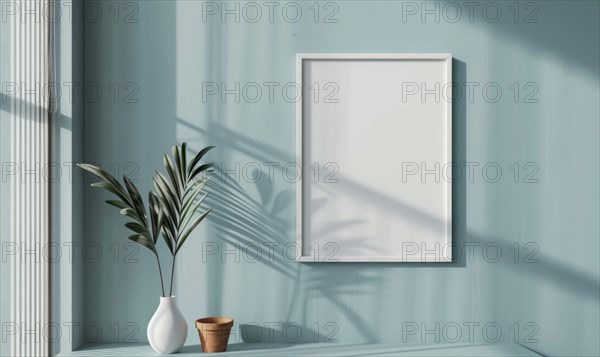 A blank image frame mockup on a pale gray-blue wall in a minimalistic modern interior room AI