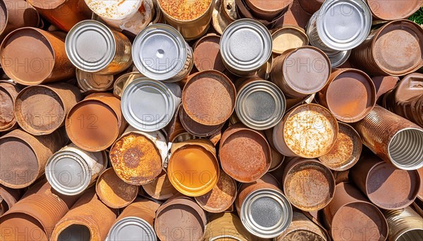 Symbol photo, rubbish, waste, many empty rusty cans in a pile, AI generated, AI generated