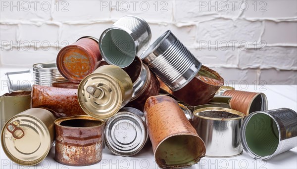 Symbol photo, many empty tin cans, partly crushed, rusty, dirty, on a white background, AI