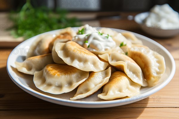 Polish Pierogi dumplings on plate. KI generiert, generiert, AI generated