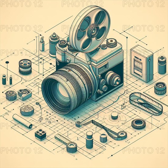 Intricately detailed isometric illustration featuring a vintage camera. Film reels. And