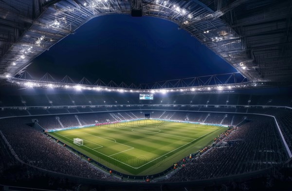 A soccer field with a large crowd of people spectators fans watching the game in evening. The