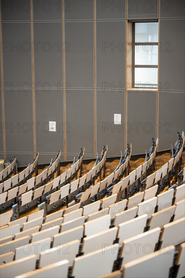Rows of seats in an empty lecture theatre, interior photo, Department of Mechanical Engineering,