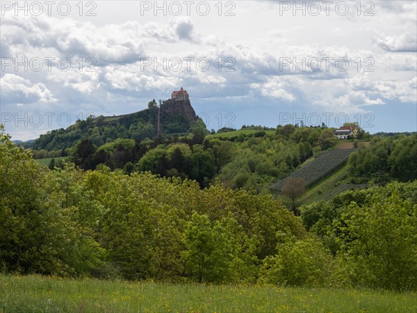 Forest edge, Riegersburg Castle in the background, Styrian volcanic country near Riegersburg,