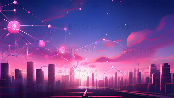 Ai generated conceptual illustration of a neuronal network with city skyline in the background in