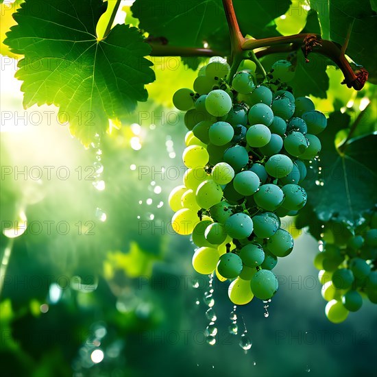 AI generated ripe grapes clinging to a vine sunlight dancing through the leaves accentuating their
