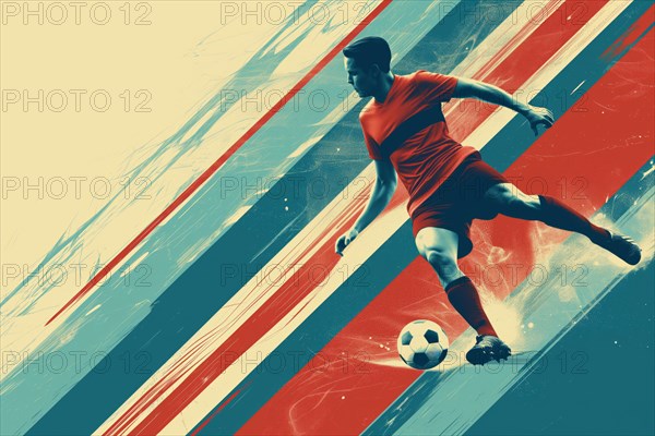 A soccer player dribbles and kicks a soccer ball. Abstract vintage grungy poster style with muted