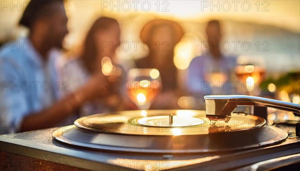 Friends enjoy drinks vinyl record playing together in cozy setting at sunset, bokeh effect ai