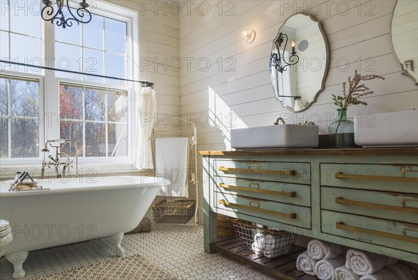 Green antique finish pine wood vanity with rustic wood plank countertop and white top-mounted his
