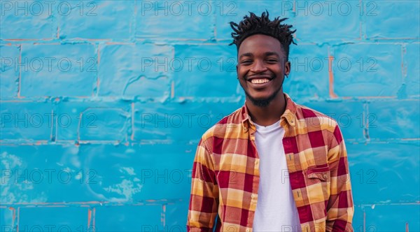 Black young positive man with dreadlocks is smiling and standing in front of the building wall.
