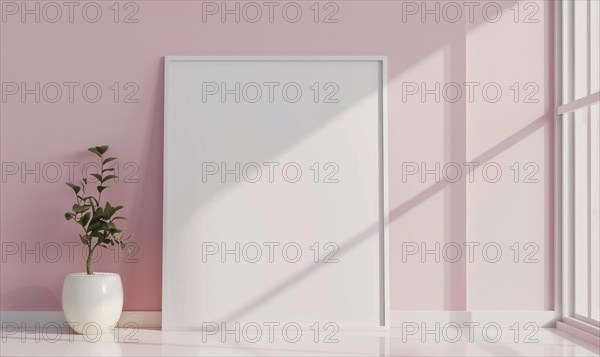 A blank image frame mockup on a soft blush pink wall in a minimalistic modern interior room AI