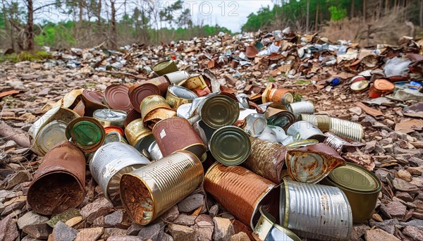 Symbol photo, many empty tin cans, partly crushed, rusty, dirty, lying in the landscape, AI