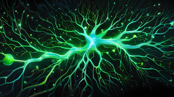 Ai generated conceptual illustration of a neuronal network with interconnected nodes pulsating in