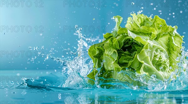 Fresh bunch of romaine lettuce floating in water. A concept of vegetarian lifestyle and vegetarian