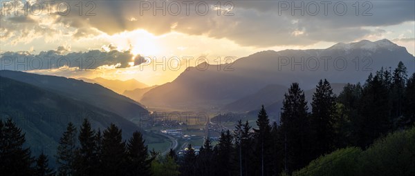 Sunset over the Liesingtal, in the evening light the village Kraubath, Schoberpass federal road,
