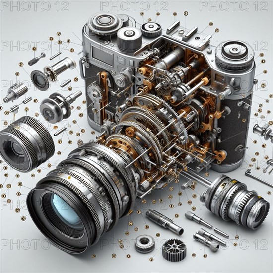 Highly detailed concept illustration showing a vintage camera disassembled with all parts floating