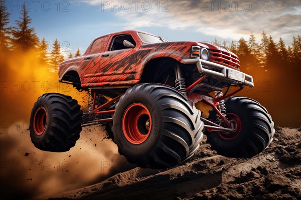 Monster truck driving and jumping outdoors amidst a cloud of dust. Thrill and adrenaline of an